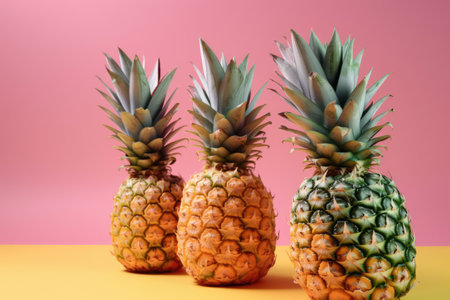 Three pineapples on a pink and yellow background. Tropical fruit. Generative AIの素材