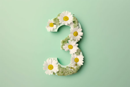 Number 3 made of white chamomile flowers on green background. Generative AIの素材