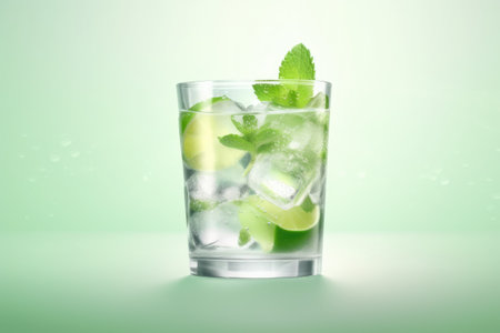 Mojito cocktail with lime, mint and ice on green background. Generative AIの素材