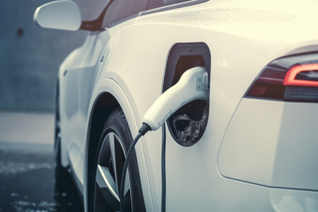 Charging an electric car in a car park. Close-up. Generative AIの素材