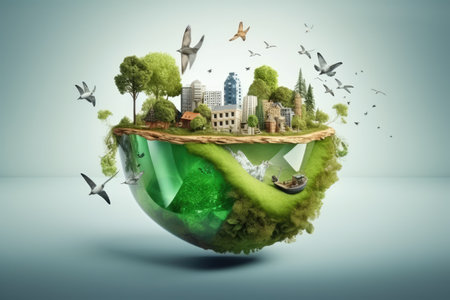 Ecology concept with green planet and city on blue background. Generative AIの素材