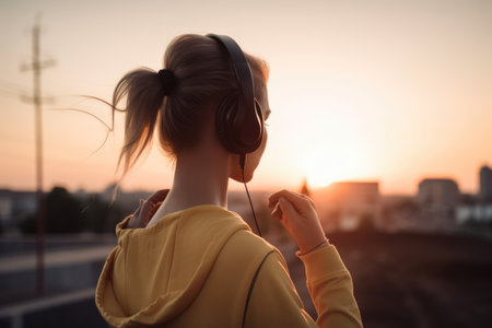 Young beautiful girl listening to music with headphones in the city at sunset. Generative AIの素材