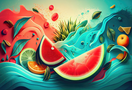 Summer background with juicy watermelon and citrus fruits. Generative AIの素材
