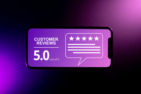 Smartphone screen displaying a Five Star Customer Reviews isolated against a toned purple...