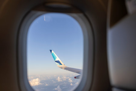 View of the wing of the plane from the porthole.