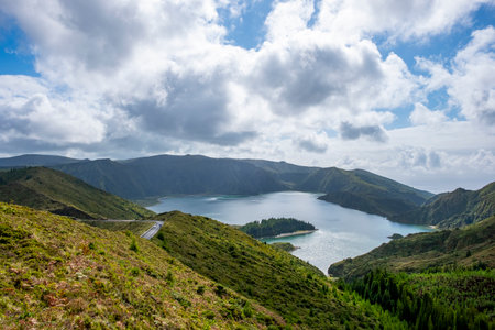 Landscape view in the Fire Lake "Lagoa do Fogo" in the island of Sao Miguel, Azores.の写真素材