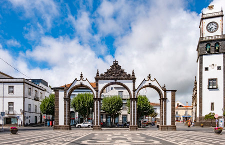 Ponta Delgada, Azores, 18.09.2019 - Ponta Delgada City Gates "Portas da Cidade", the city symbol of Ponta Delgada in Sao Miguel Island in Azores, Portugal.のeditorial素材