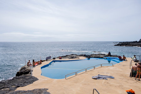 Caloura, Azores, 19.09.2019 - Landscape view over the Pool and Atlantic Ocean at Caloura Fishing Port on the island of Sao Miguel in the Azoresのeditorial素材