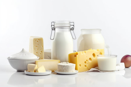 Assortment of dairy products on white background. Selective focus. Generative AIの素材