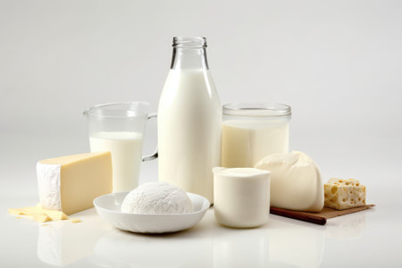 Milk products on a white background. Shallow dof. Generative AIの素材