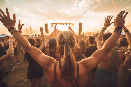 Rear view of a group of people dancing at a music festival on golden hour. Generative AIの素材