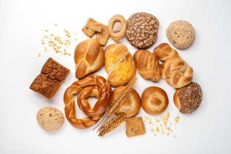 Assortment of baked bread on white background. Bakery products. Generative AIの素材