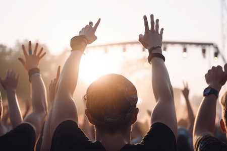 Crowd cheering with hands raised at a music festival, rear view. Generative AIの素材