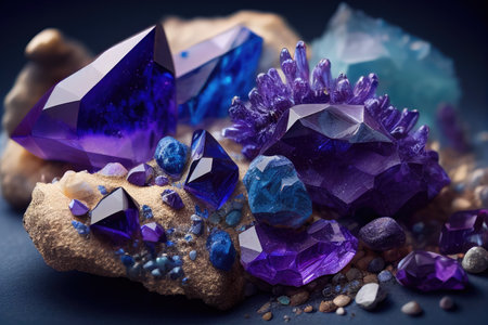 Natural gemstones on a dark background. Blue and purple crystals. Generative AIの素材