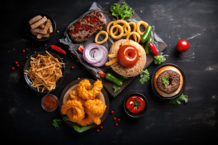 Set of different fast food on a black background. Top view. Generative AIの素材