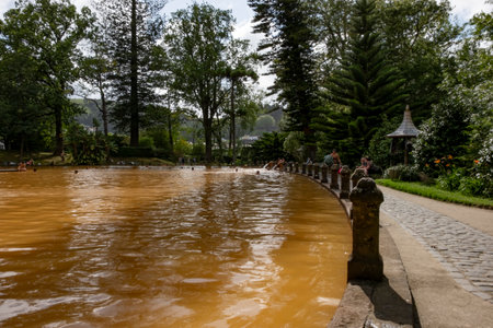 Furnas, Azores, 21.09.2019 - Landscape view and People swimming in the thermal lake in Park Terra Nostra in Furnas. Sao Miguel, Azoresのeditorial素材