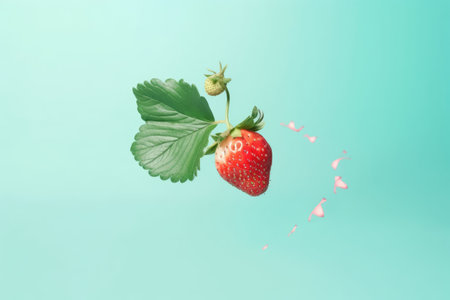 Strawberry with leaves on a blue background. Generative AI.の素材