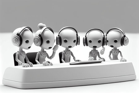 Cute mini robots with headphones and laptop on a white background. Customer Support Concept. Generative AIの素材