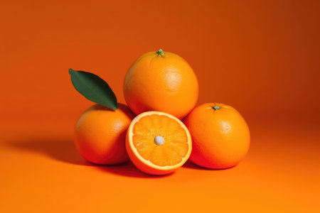 Oranges on an orange background. Citrus fruit on an orange background. Generative AI.の素材