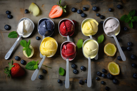 Various of ice cream flavor in plastic spoon on rustic background. Generative AIの素材