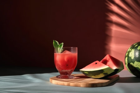 Glass of fresh watermelon smoothie on table against color background. Space for text. Generative AI.の素材