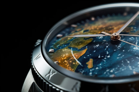 Closeup of a wristwatch with a world map on a black background. Generative AIの素材