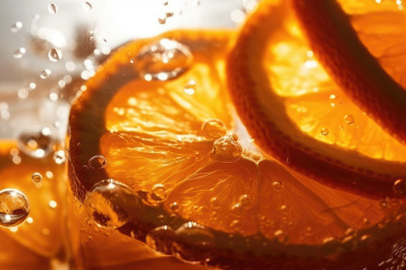 Slices of orange in water with bubbles, close-up. Fresh concept background. Generative AI.の素材