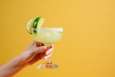 Female hand holding margarita cocktail with lime on yellow background. Generative AI.の素材