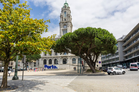 Porto, Portugal - 05.31.2023: Porto City Hall in the Aliados Avenue, downtown city of Porto, Portugal. One of the most famous streets in Porto.のeditorial素材