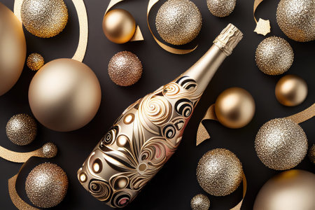 New Year and Christmas background with champagne bottle and golden decorations. Flat lay. Generative AIの素材