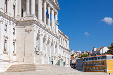 Lisbon, Portugal - 19.09.2023: Facade of Sao Bento Palace (Palacio de Sao Bento) building of the Portuguese Parliament (Parlamento de Portugal), and the guards marching up and downのeditorial素材