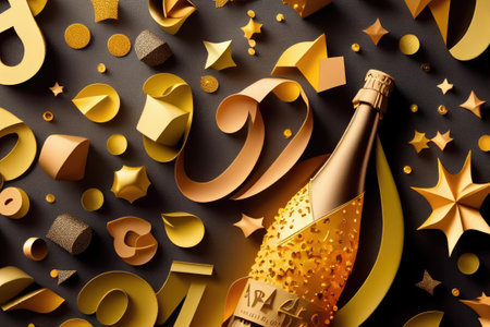 Champagne bottle and golden decoration on a black background. Happy New Year and Christmas Concept. Generative AIの素材