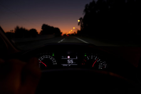 Driver view to the speedometer at 55 km/h or 55 mph, on a road blurred in motion, night fall view...