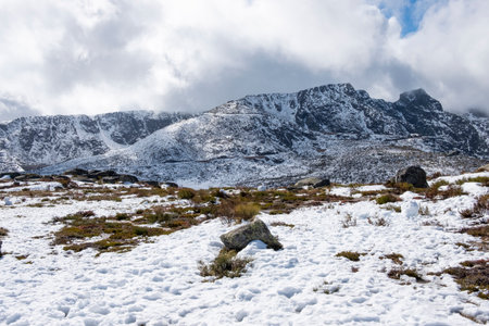 Beautiful snowy mountain landscape in Serra da Estrela Natural Park in Portugal.の写真素材