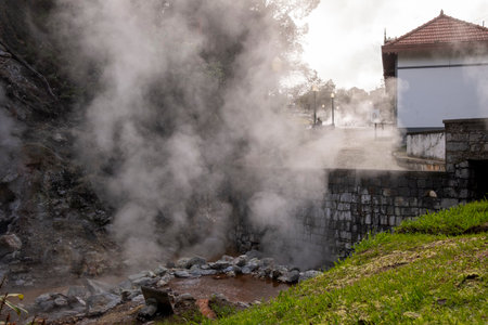 Fumaroles in Furnas Hot Springs, (Caldeiras das Furnas). Furnas, Sao Miguel Island, Azores, Portugalの写真素材