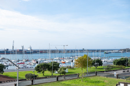 View over promenade and marina in Ponta Delgada city, Sao Miguel island, the capital of Azores islands.の写真素材