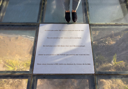 Cabo GirÃ£o viewpoint multilingual altitude mark sign. Madeira Island, Portugal.の写真素材