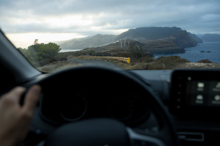 Driver view to the big cliffs at Ponta de SÃ£o LourenÃ§o in CaniÃ§al. Madeira island, Portugalの写真素材