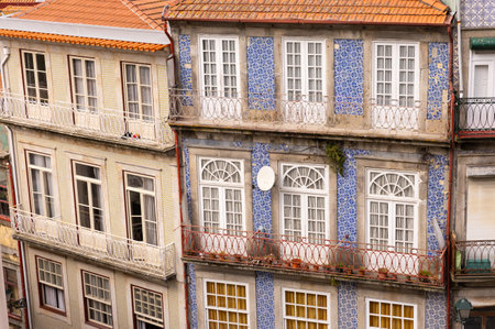 View of typical brick facades of houses in the city of Porto, Portugaの写真素材