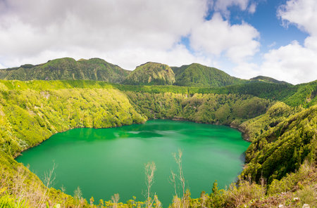 Landscape view of Santiago Lake in Sete Cidades (Seven Cities), SÃ£o Miguel Island, Azores.の写真素材