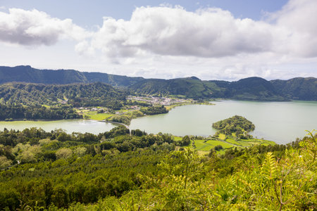 Landscape view on Twin Lakes Lagoon (Lagoa das Sete Cidades). Island of SÃ£o Miguel, Azores Portugalの写真素材
