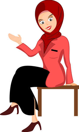 Female seat on the wooden chair, vector image. Hijab muslimahのイラスト素材