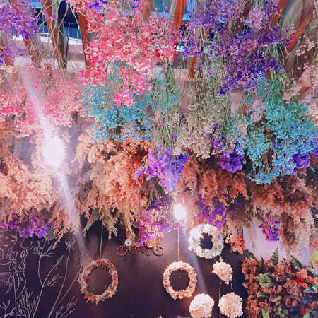 The colorful flowers and wreath in the flower shop. It has red,purple,green,orange color.の素材