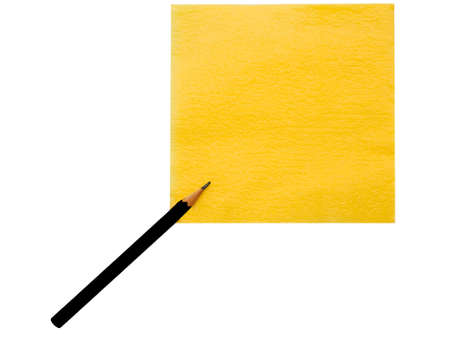 The yellow napkin and the yellow pencil on the white backgroundの写真素材