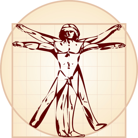 The Vitruvian man. Stylized drawing on the basis of artwork by Leonardo da Vinci (executed circa in 1490) by ancient manuscript of Roman master Marcus Vitruvius Pollioのイラスト素材