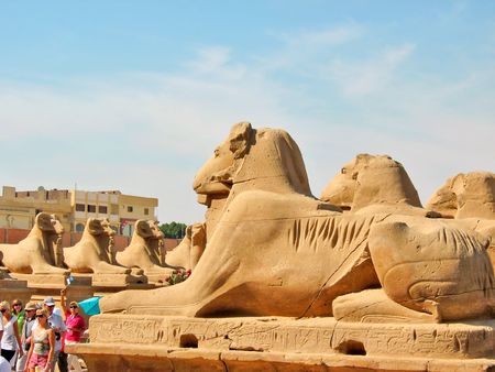 Alley of the ram-headed sphinges on street of Luxor. Location: Egypt.の写真素材
