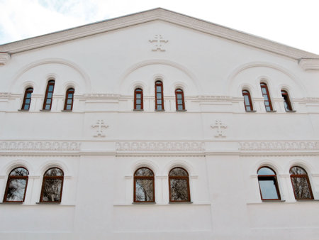 White facade. Territory of The Holy Mountains historical architectural reserve, location: Donbass,...