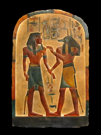 Pharaoh and god of embalming Anubis in Kingdom of the dead. Egyptian palette.の写真素材