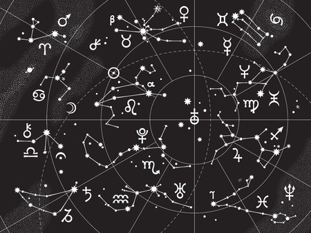 XII Constellations of Zodiac and Its Planets the Sovereigns. Astrological Celestial Chart.のイラスト素材