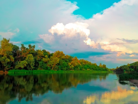 Green Rural Landscape With River And Blue Sky with Clouds  mobile snapshot  の写真素材